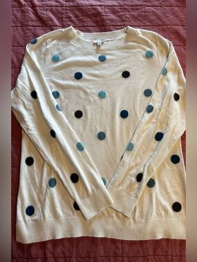 Talbots White Sweater with Blue Polka Dots
